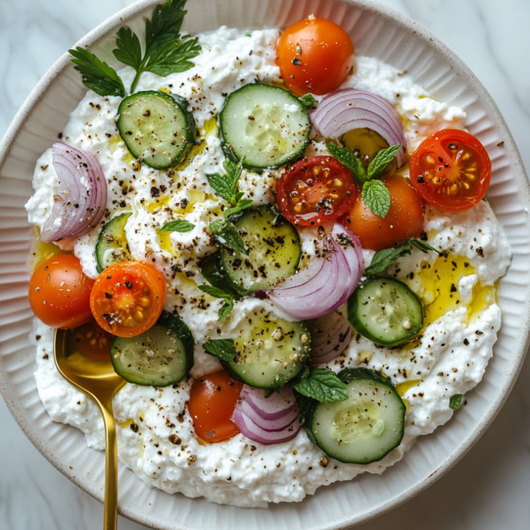 Creamy whipped cottage cheese topped with marinated grape tomatoes, cucumber, red onion, and fresh herbs, served in a shallow white bowl with pita chips on the side.