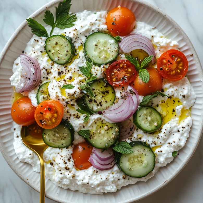 Creamy whipped cottage cheese topped with marinated grape tomatoes, cucumber, red onion, and fresh herbs, served in a shallow white bowl with pita chips on the side.