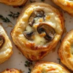 A golden-brown Savory Mushroom Puff Pastry Tart, topped with melted Gruyère cheese and fresh thyme, with one slice being served.