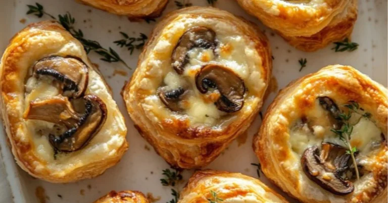 A golden-brown Savory Mushroom Puff Pastry Tart, topped with melted Gruyère cheese and fresh thyme, with one slice being served.