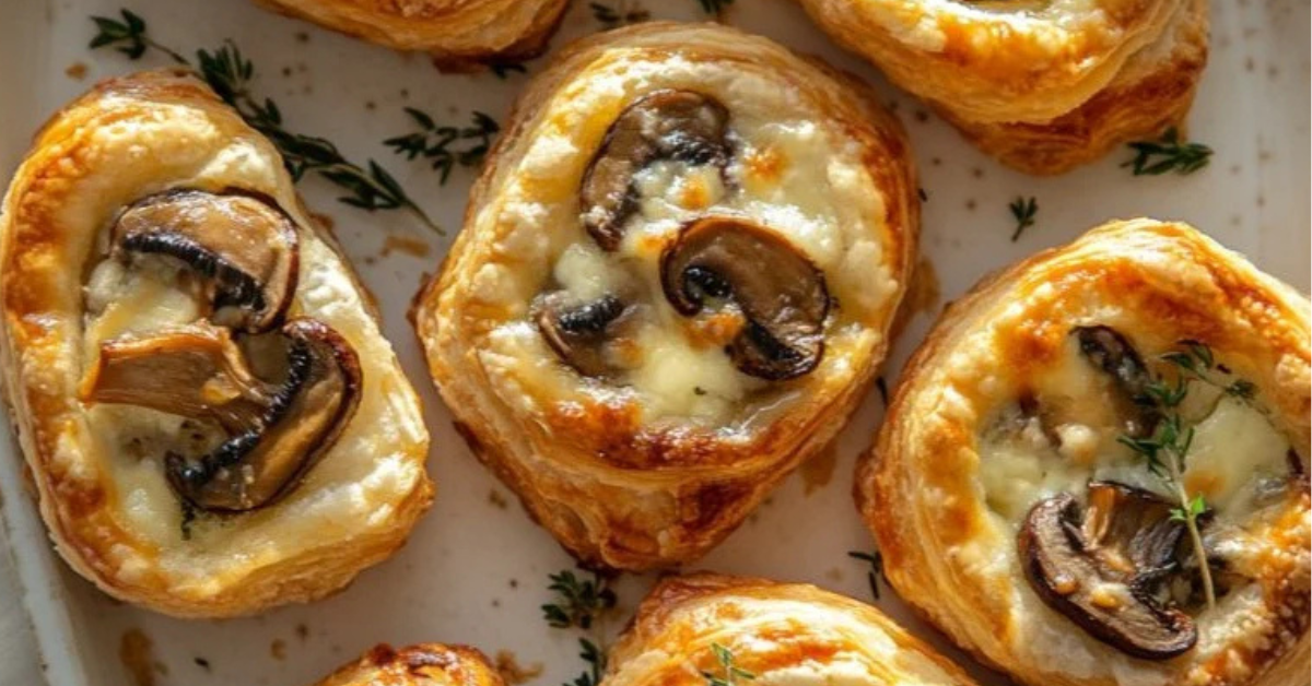A golden-brown Savory Mushroom Puff Pastry Tart, topped with melted Gruyère cheese and fresh thyme, with one slice being served.