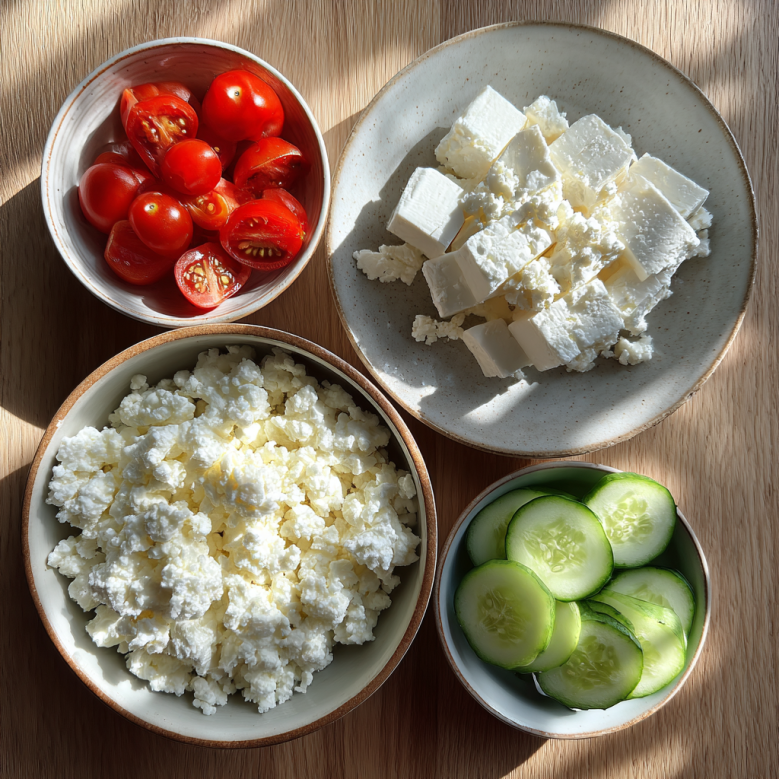 Ingredients for whipped cottage cheese dip laid out from a top-down view, including cottage cheese, feta, grape tomatoes, and sliced cucumber in separate bowls.