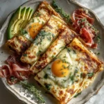 Delicious cheesy baked egg crêpes with avocado and fresh herbs.