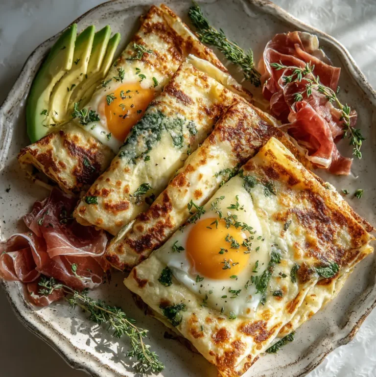 Delicious cheesy baked egg crêpes with avocado and fresh herbs.