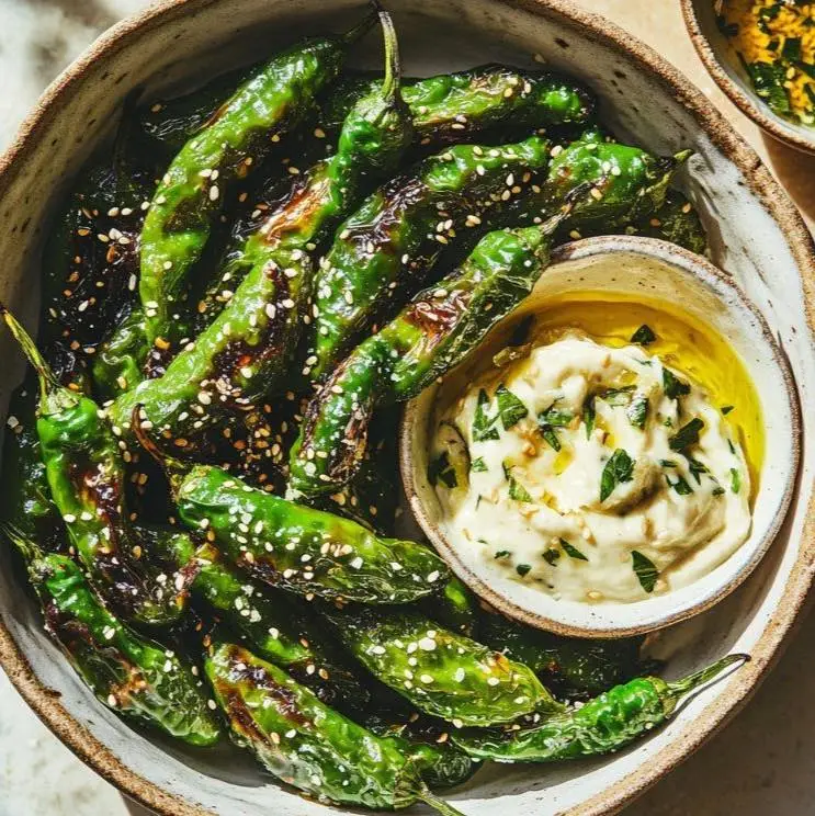 Blistered shishito peppers with charred skin and a side of lemon garlic aioli.