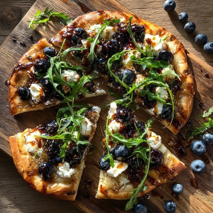 Sweet-savory Blueberry, Feta, and Honey-Caramelized Onion Naan Pizza on a wooden board.