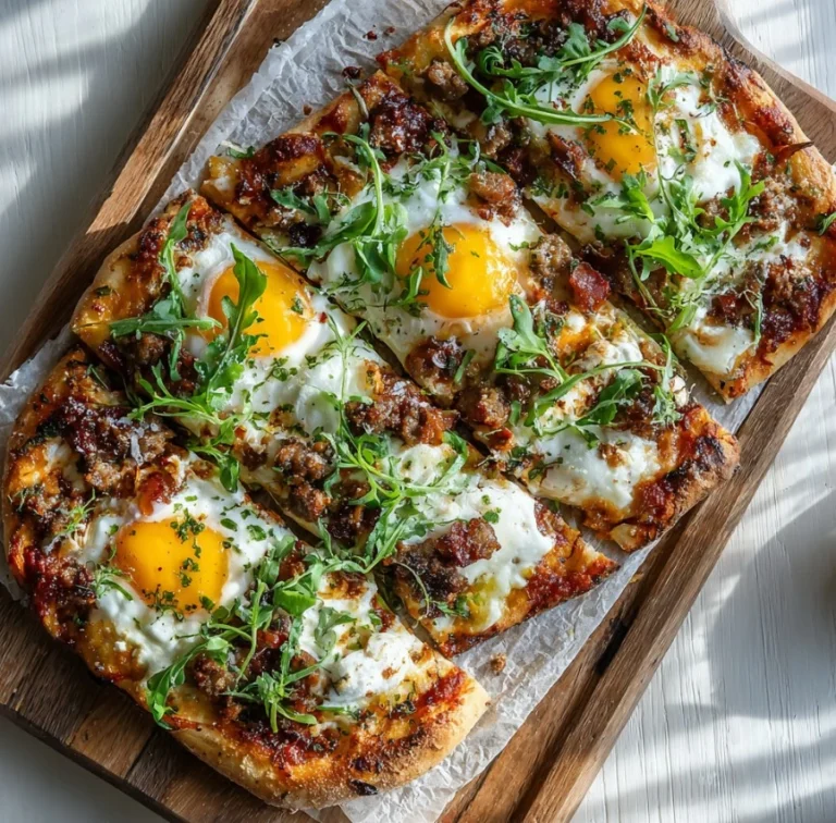 Incredible Burrata Breakfast Pizza with sausage, eggs, and herbs.