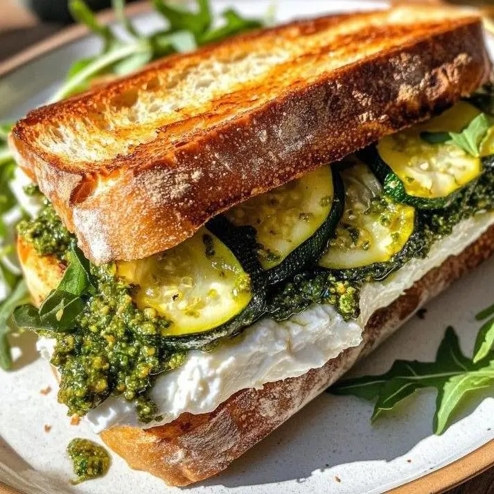 Delicious Burrata Olive Pesto Sandwich with creamy burrata and zucchini confit.