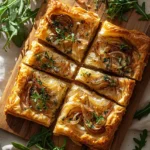 Deliciously Easy Caramelized Onion and Phyllo Tart sliced with fresh arugula.