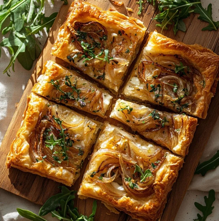 Deliciously Easy Caramelized Onion and Phyllo Tart sliced with fresh arugula.
