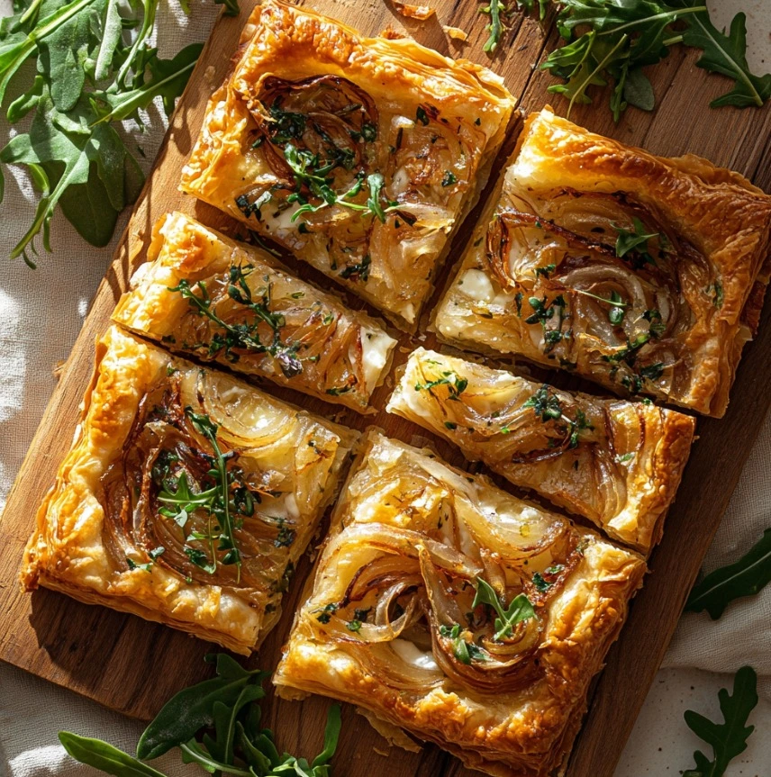 Deliciously Easy Caramelized Onion and Phyllo Tart sliced with fresh arugula.