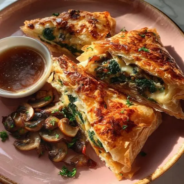 Golden and crispy Cheesy Spinach and Filo Pie with a slice cut out.