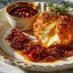 Crispy Burrata with creamy interior, served on a plate with spicy red tomato jam, garnished with fresh basil and toasted sourdough bread.