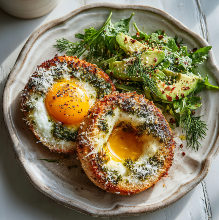 Crispy Parmesan and Pesto Egg in a Bagel with runny yolk and side salad.