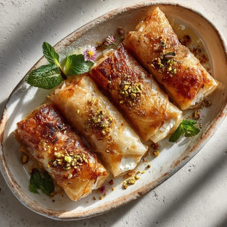 Delicious crispy rice paper parcels with feta and pistachios on a plate.