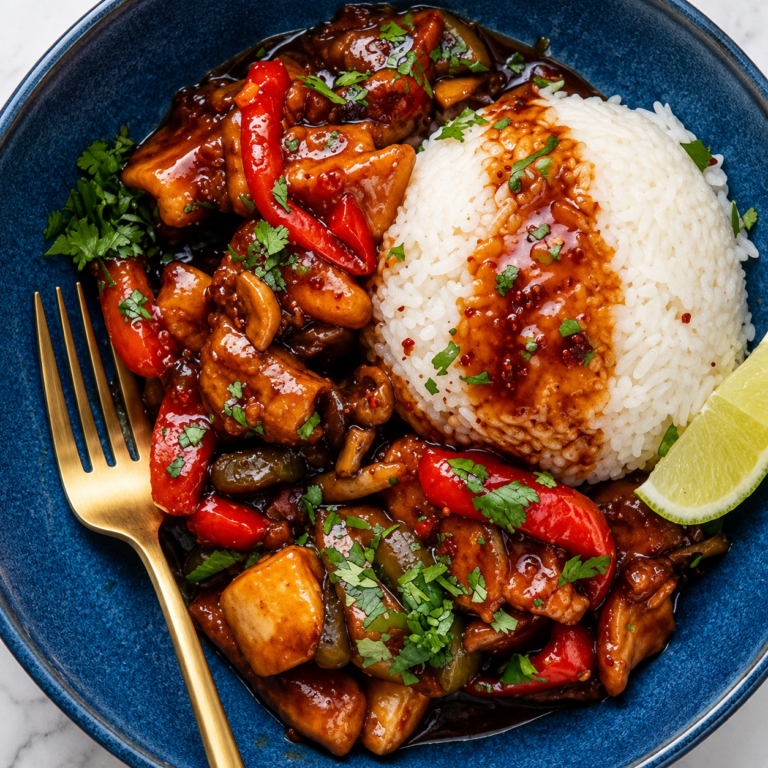 Delicious Hawaiian Chicken Sheet Pan with pineapple, peppers, and onions, garnished.