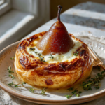Exquisite Poached Pear Wrapped in Brie and Puff Pastry with thyme.