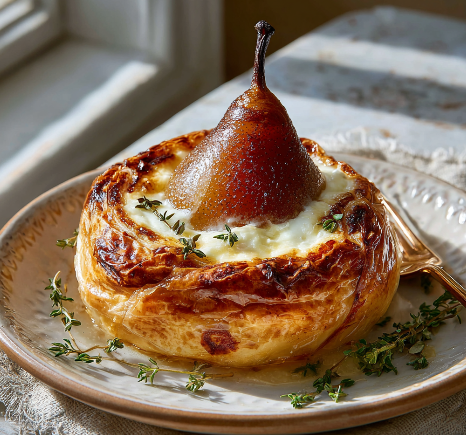 Exquisite Poached Pear Wrapped in Brie and Puff Pastry with thyme.