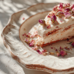 Elegant Floral Rose-Inspired Tiramisu with rose buds and pistachios in a glass dish.