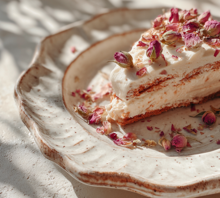 Elegant Floral Rose-Inspired Tiramisu with rose buds and pistachios in a glass dish.