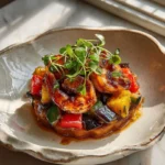 Plated jerk shrimp caponata with glazed shrimp and microgreen garnish.