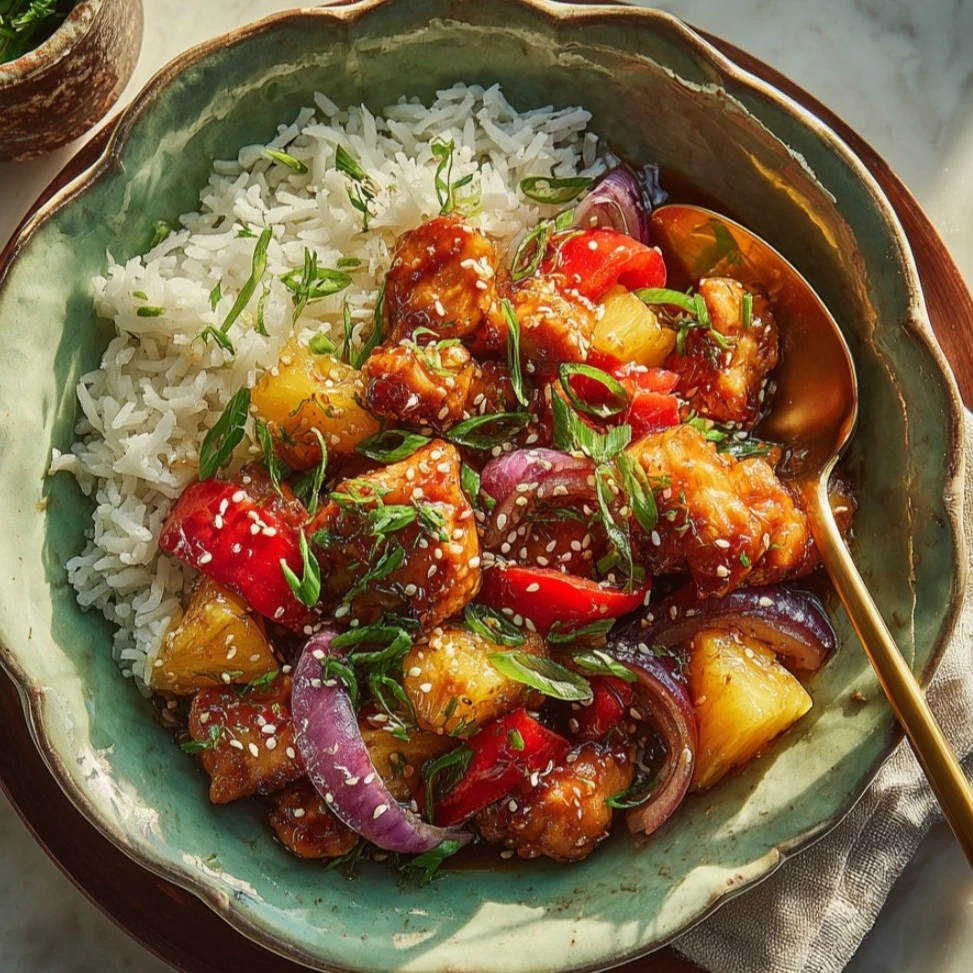 Delicious Hawaiian Chicken Sheet Pan with pineapple, peppers, and onions, garnished.