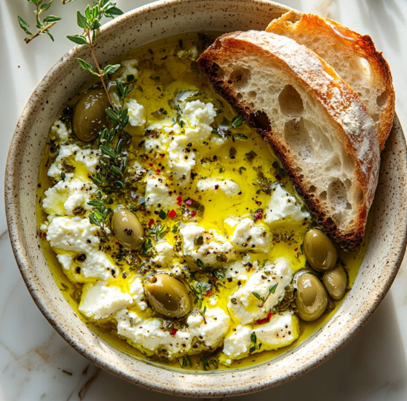 Shallow bowl filled with an olive oil-based dip featuring crumbled feta, fresh herbs, chopped olives, and lemon zest, garnished with herbs and served alongside slices of toasted bread.