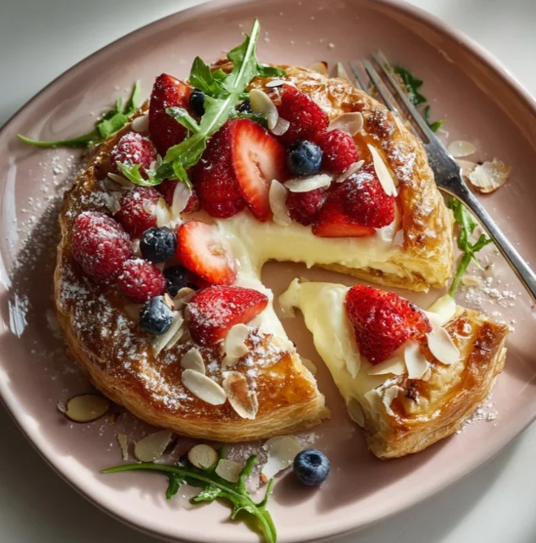 Freshly baked Lemon Ricotta Berry Crown with berries, ricotta, and puff pastry.
