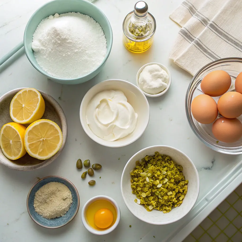 Separated ingredients for Mini Pavlovas with Homemade Lemon Curd, sugar, butter, and pistachios.