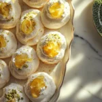 Elegant Mini Pavlova with tangy lemon curd and crushed pistachios.