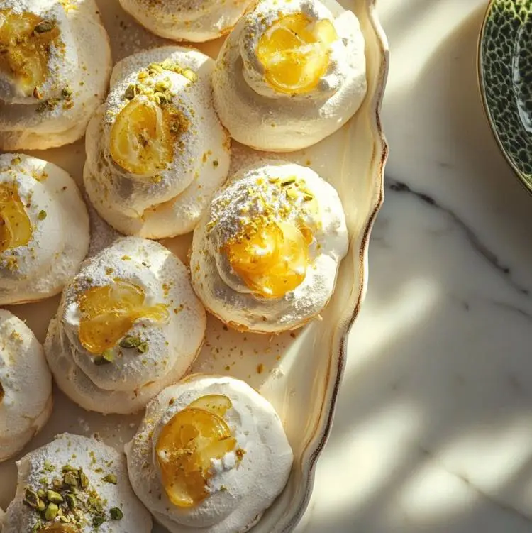 Elegant Mini Pavlova with tangy lemon curd and crushed pistachios.