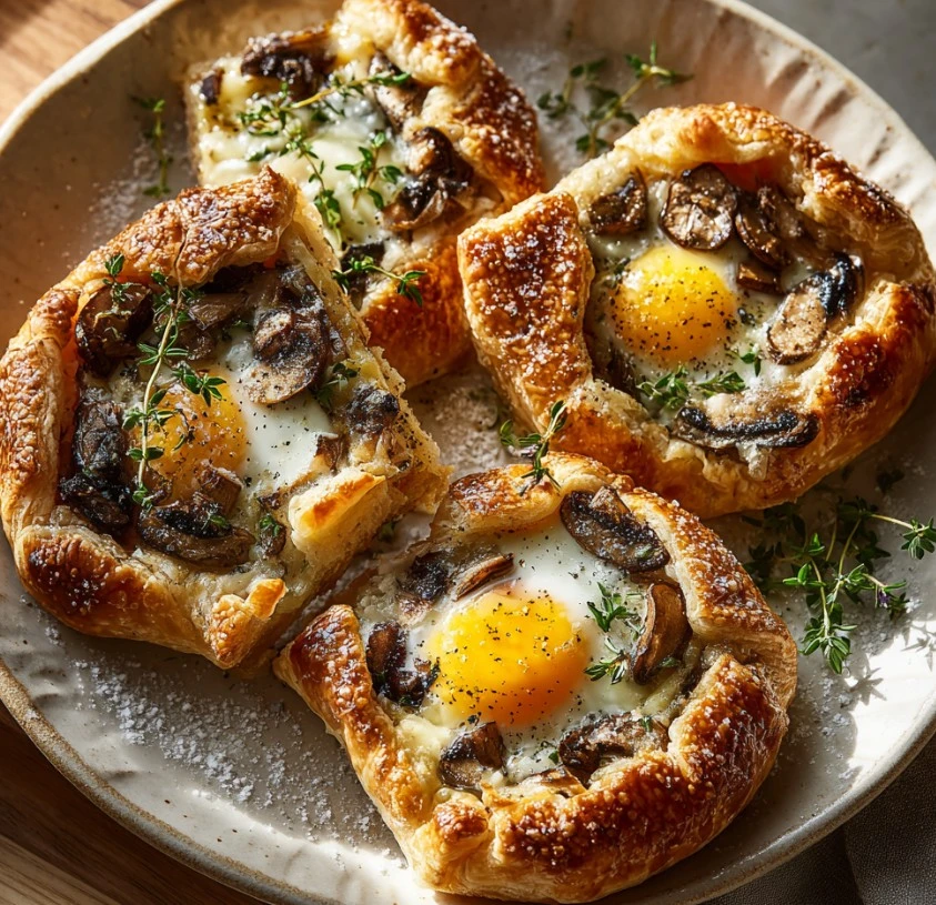 Delicious mushroom egg galette with golden crust and baked eggs.