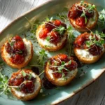 Savory Not-So-Sweet Cheesecake with balsamic tomato glaze and microgreens.