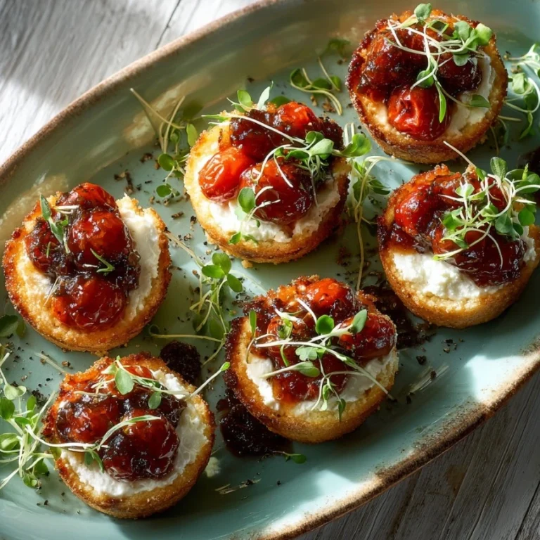 Savory Not-So-Sweet Cheesecake with balsamic tomato glaze and microgreens.