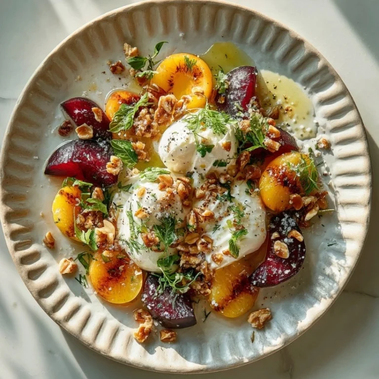 Exquisite Plum and Burrata Salad with spiced almonds and fresh herbs.