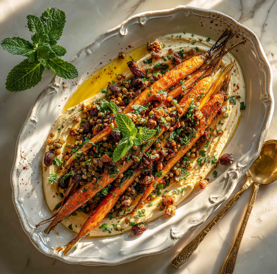 Deliciously Easy Roasted Carrot and Lentil Salad with hummus.