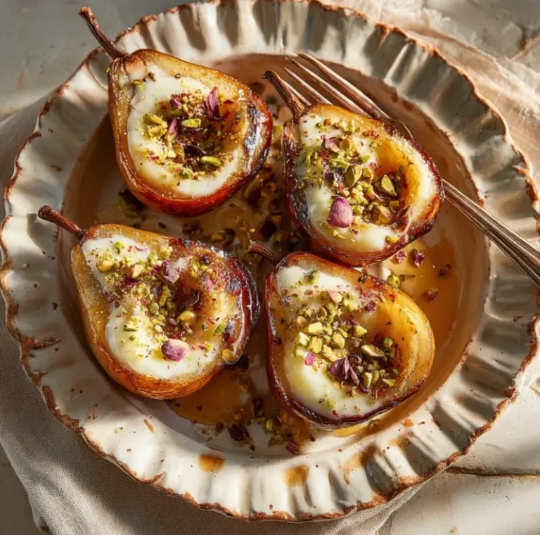 Close-up of roasted pears brie and pistachios on a serving plate, ready to enjoy.