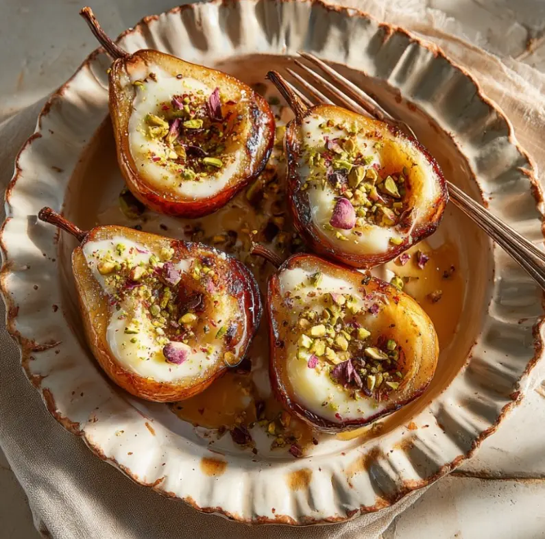 Close-up of roasted pears brie and pistachios on a serving plate, ready to enjoy.