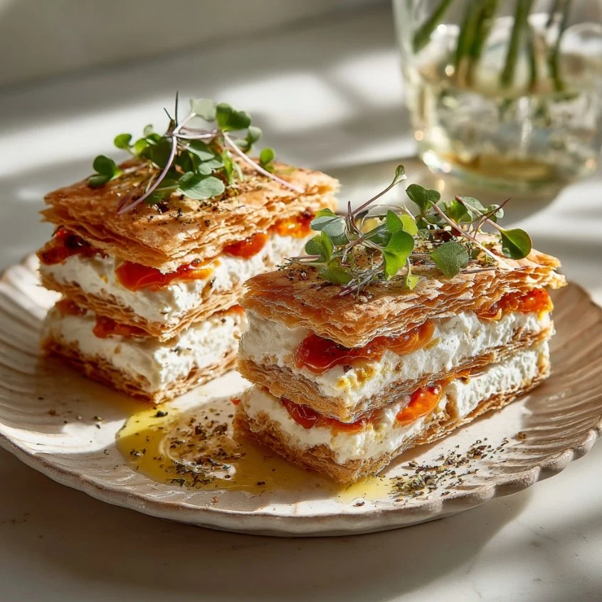 Incredible Whipped Feta and Roasted Pepper Mille-Feuille with flaky pastry.