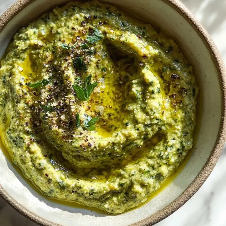 Vibrant green vegan zucchini dip in a bowl, garnished with zaatar and olive oil.