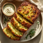 Deliciously Easy Zucchini Parmesan Bread loaf sliced with mustard yogurt spread.