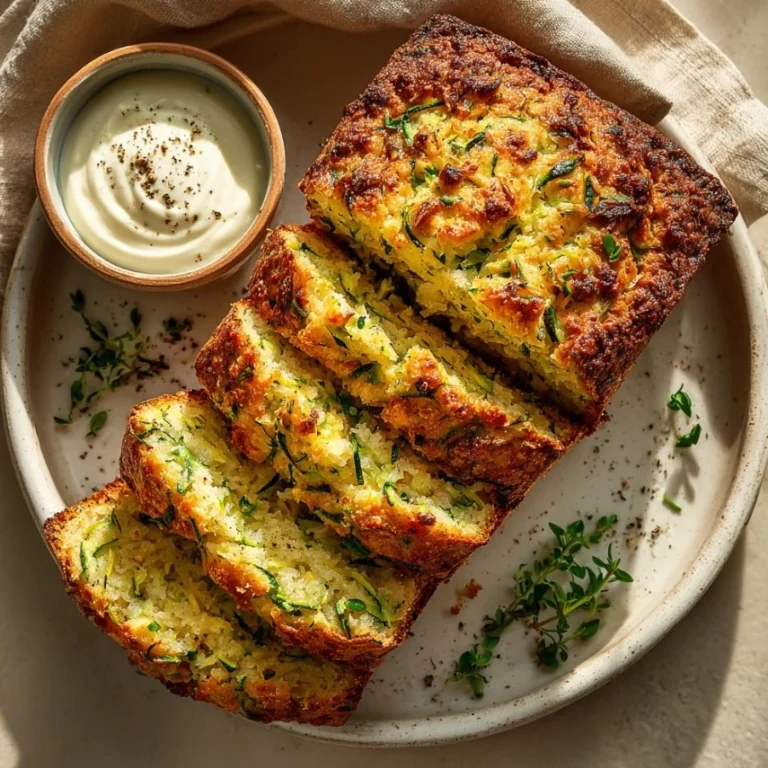Deliciously Easy Zucchini Parmesan Bread loaf sliced with mustard yogurt spread.