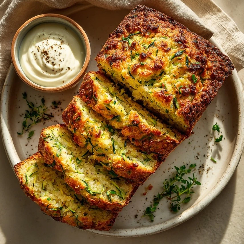 Deliciously Easy Zucchini Parmesan Bread loaf sliced with mustard yogurt spread.