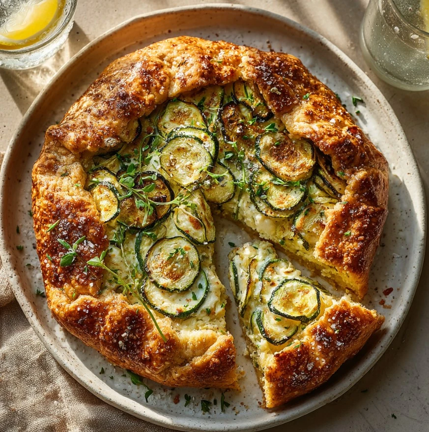 Freshly baked Zucchini Ricotta Galette with golden crust and layered zucchini.