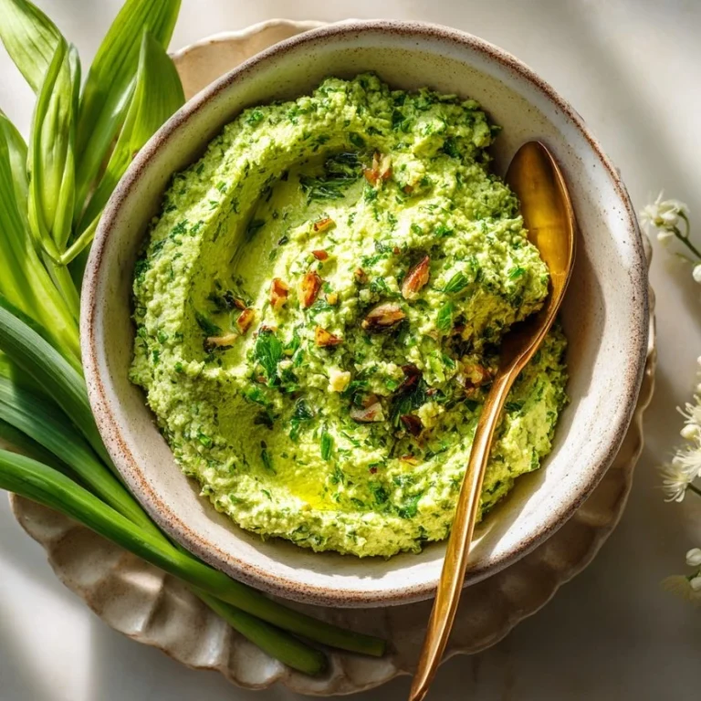 Close-up of vibrant green homemade garlic scape pesto in a rustic bowl.
