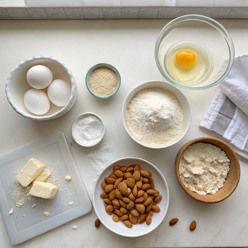 Separated ingredients for Almond Dacquoise Cream Clouds: egg whites, almond flour, sugars, cream, and sliced almonds.