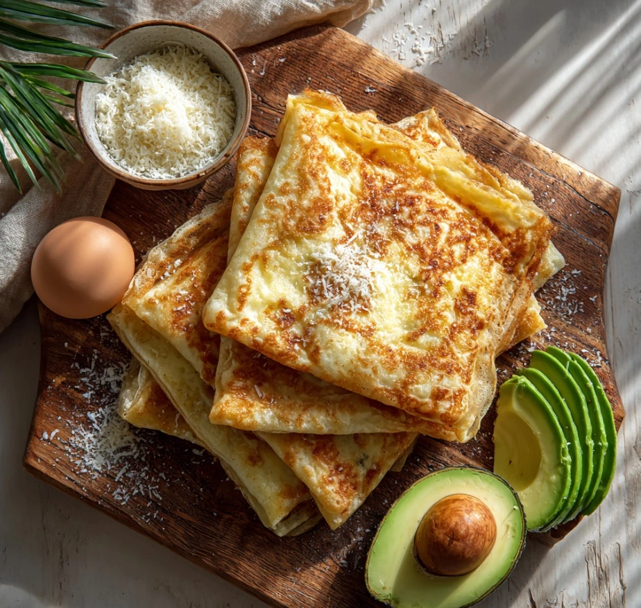 Delicious cheesy baked egg crêpes with avocado and fresh herbs.