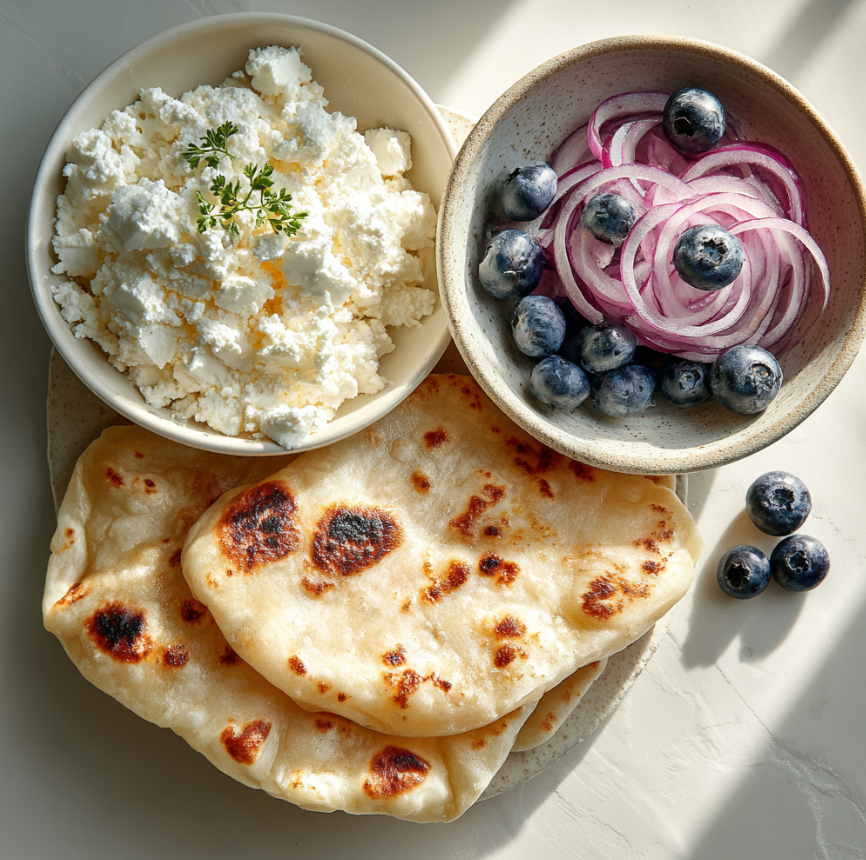 Fresh ingredients for Blueberry, Feta, and Honey-Caramelized Onion Naan Pizza on a kitchen counter.