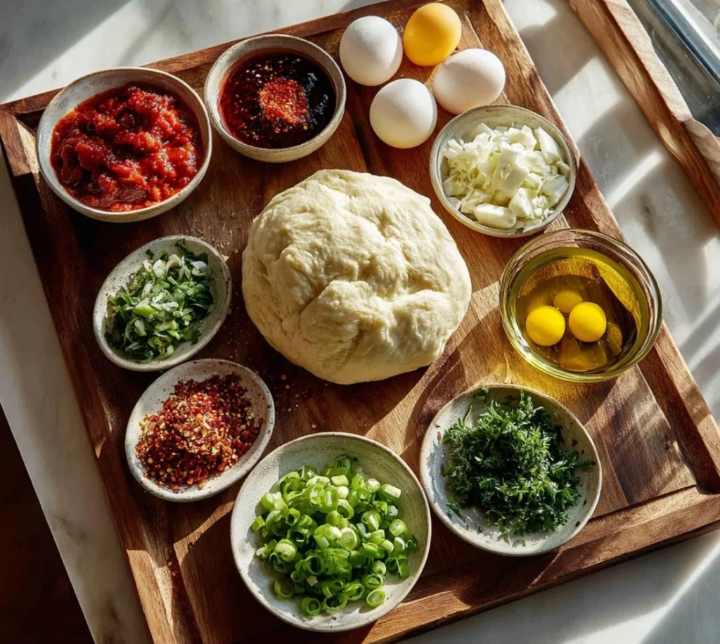 Ingredients for Burrata Breakfast Pizza including dough, eggs, sauce, and chopped herbs.