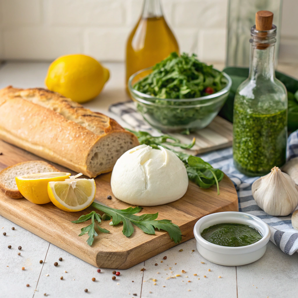 Ingredients for Burrata Olive Pesto Sandwich: burrata, olive pesto, arugula, zucchini, and baguette.